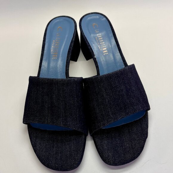 La Canadienne Frida Size 39 Denim Blue Open Toe Block Heel Mule Sandal - Picture 15 of 16